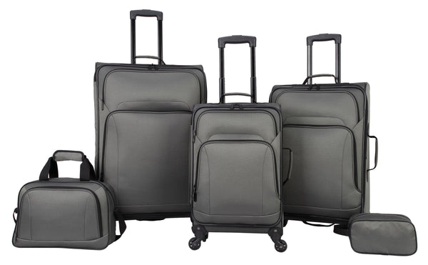 Protege 5 Piece Spinner Luggage Set, Includes 28 in Checked, 24 in Checked Bags, 20 in Carry - on, 15 in Boarding Tote and Matching Utility Bag, All Ages, Grey