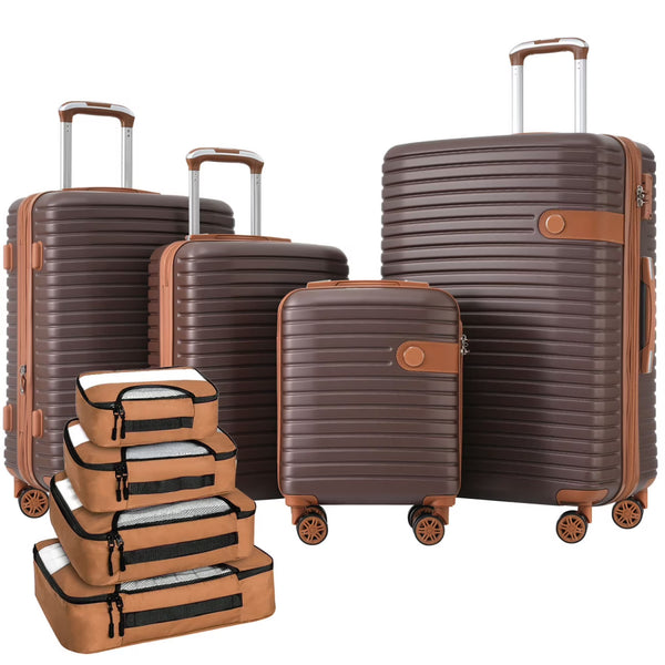 Luggage Sets, 4 - Piece Lightweight Suitcase Set with 4 Packing Cubes and TSA Lock, Hardshell Suitcases with Spinner Wheels, (16/20/24/28 ), Brown