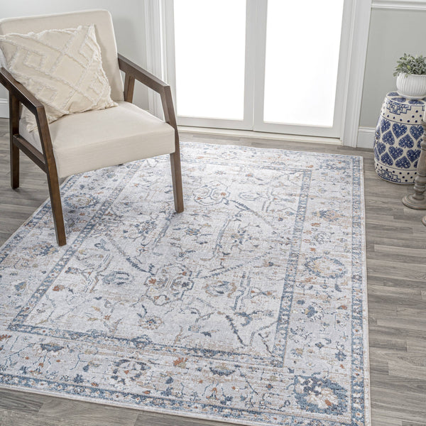Jonathan Y Brandy Rustic Border Low-Pile Machine-Washable Light Gray/Blue 8 ft. x 10 ft. Area Rug