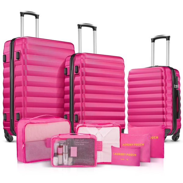 9 Piece Luggage Sets, Hard 20 24 28 in Luggage with 6 Pieces Organize Bags Travel Suitcases Sets with Wheels, Rosé