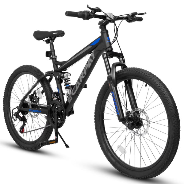 Mountain Bike, High Carbon Steel Bike with 24 in Wheels and 21 - Speed Full Suspension, Commuter City Bike with Disc Brakes and Grip Shifter, Front Fork Rear Shock Absorber Bicycles, Black