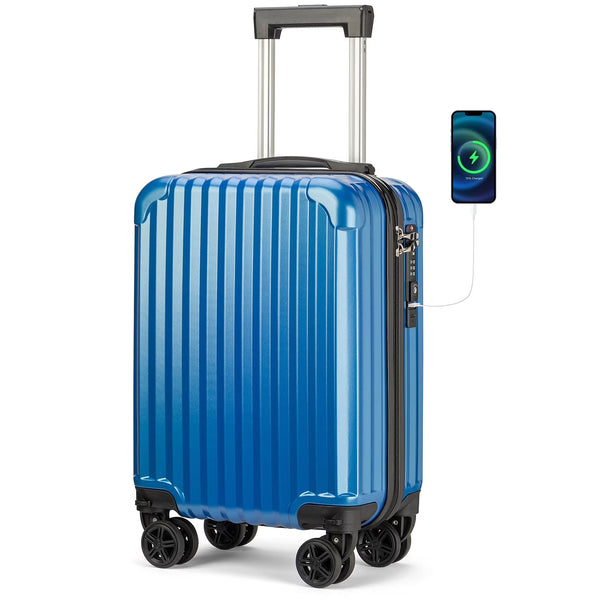 Personal Item Suitcase 18x14x8 Inches Hardside Built in TSA Lock & USB Port Lightweight Luggage with Removable Silent Wheels Underseat Carry - on Bag for Spirit and Frontier and More (Blue)